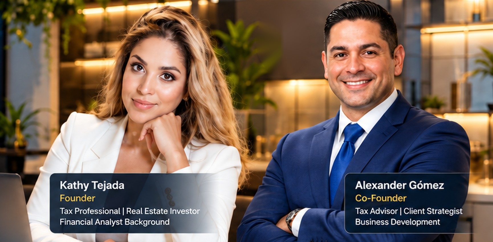 Kathy Tejada and Alexander Gómez, Stone Capital Tax Services founders, with their names and titles